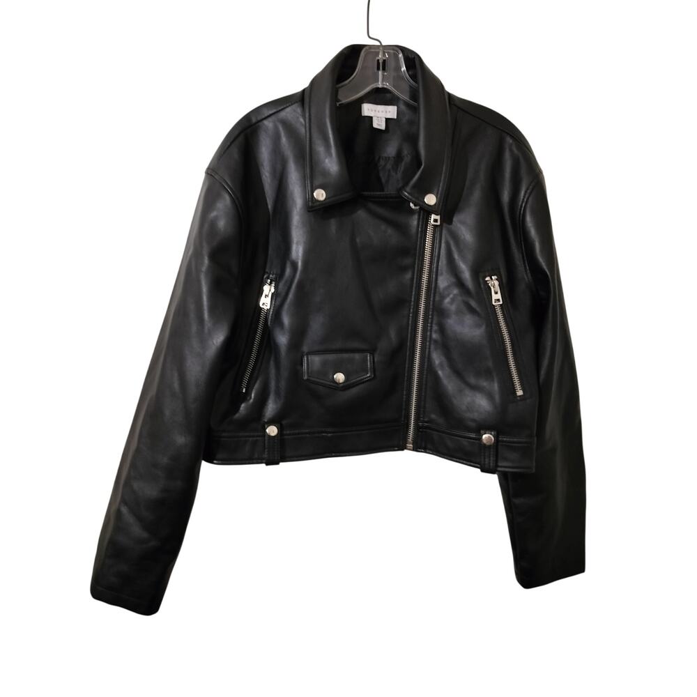 5956)Top Shop Woman Faux Leather Black Cropped Biker Jacket US 10